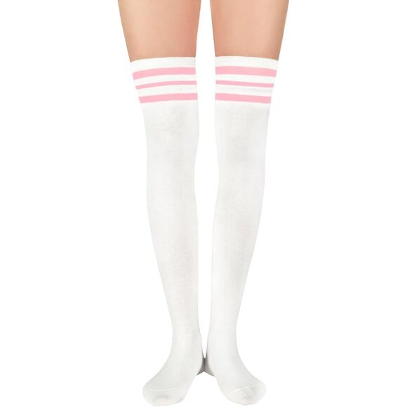 Womens Knee High Socks Long B 1 Pair White Pink - Picture 4 of 6
